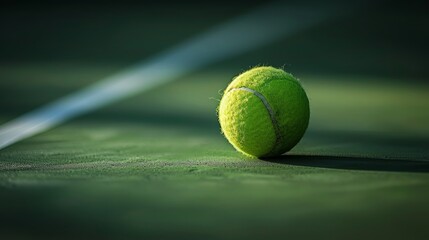 Bright tennis ball on a lush green court line - obrazy, fototapety, plakaty