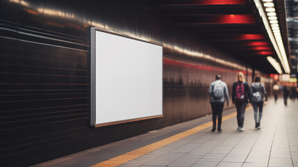 Empty billboard on subway platform mockup photography. Passing commuters template advertising inside. Train passengers flow tunnel promotional concept mock up photorealistic image