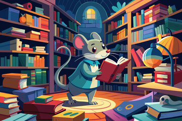 A mouse exploring a library of oversized books - obrazy, fototapety, plakaty