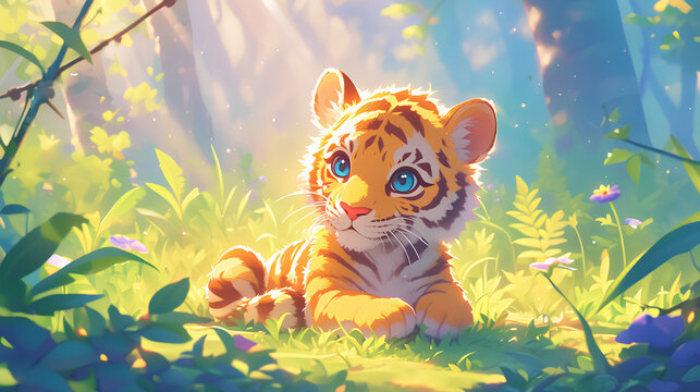 Cute baby tiger in forest background illustration