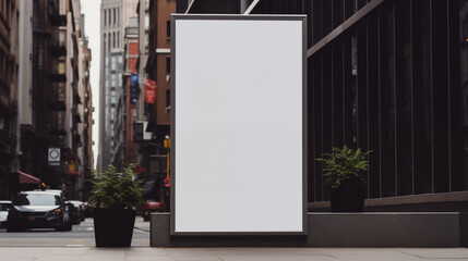 Urban sidewalk billboard with sleek frame mockup photography. Bustling city life template advertising outdoors. Urban lush greenery promotional concept mock up photorealistic image