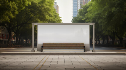 Bus stop with wooden bench mockup photography. Lush green trees in serene street sign template advertising outdoors. Commute city life promotional concept mock up photorealistic image