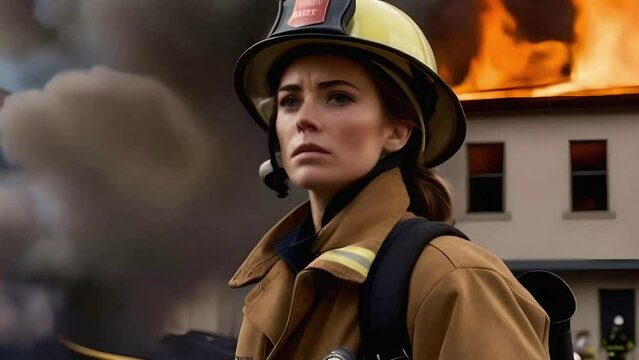 female firefighter against the backdrop of a burning house