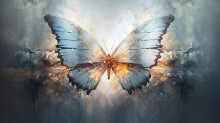 A butterfly depicted in a dissolved style, its a delicate wings and form seemingly blending into an ethereal and abstract atmosphere