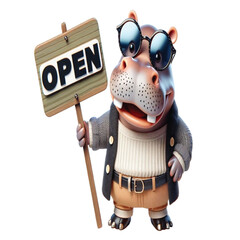 Obraz premium Hippo holding an open sign