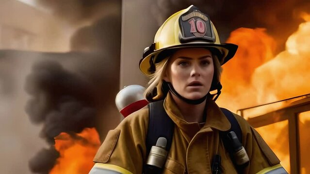 female firefighter against the background of fire