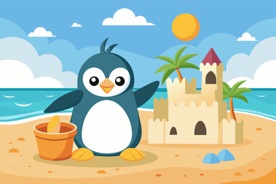 A penguin building a sandcastle on a sunny beach