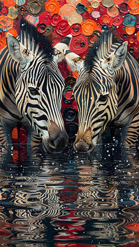 a painting features a dazzle of zebras drinking water