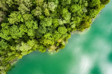 Aerial view of beautiful Balsys lake, one of six Green Lakes, located in Verkiai Regional Park. Birds eye view of scenic emerald lake surrounded by pine forests. Vilnius, Lithuania. © MNStudio