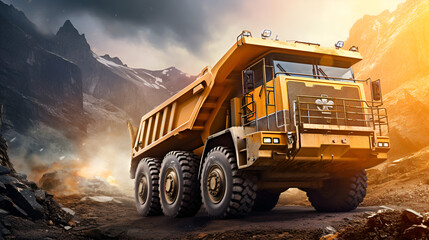 Front Dumper Trucks Forge Paths Through Mountainous Landscapes to Support Construction Efforts in Challenging Weather Conditions - obrazy, fototapety, plakaty