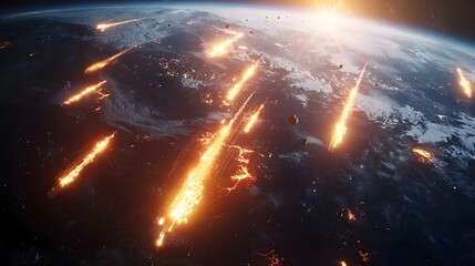 Fiery Meteor Shower Approaching Earth in Space. Concept Space, Meteor Shower, Earth, Fiery, Extraterrestrial - obrazy, fototapety, plakaty