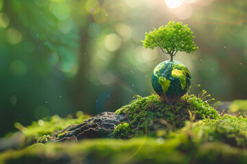 Green forest with the Earth global planet that tree growing from inside. Generative AI