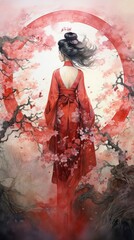 A geisha adorned in vibrant red kimono, bathed in the warm hues of a celestial redshift