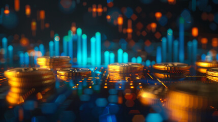 A 3D coin background with a blue finance graph and investment bar, showcasing growth and success in the market with technology and currency reports.