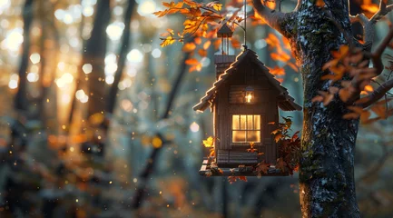 Foto op Plexiglas Charming Wooden Treehouse in Misty Autumnal Forest. A serene, fairy-tale world where cozy wooden house nestle high within the branches of trees cloaked in autumn's golden hues. The treehouse glows wit © Vilius