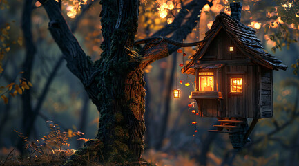 Charming Wooden Treehouse in Misty Autumnal Forest.
A serene, fairy-tale world where cozy wooden house nestle high within the branches of trees cloaked in autumn's golden hues. The treehouse glows wit - obrazy, fototapety, plakaty
