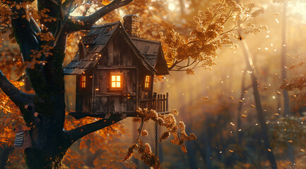 Charming Wooden Treehouse in Misty Autumnal Forest.
A serene, fairy-tale world where cozy wooden house nestle high within the branches of trees cloaked in autumn's golden hues. The treehouse glows wit