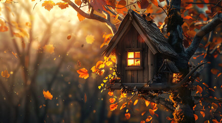 Charming Wooden Treehouse in Misty Autumnal Forest.
A serene, fairy-tale world where cozy wooden house nestle high within the branches of trees cloaked in autumn's golden hues. The treehouse glows wit - obrazy, fototapety, plakaty