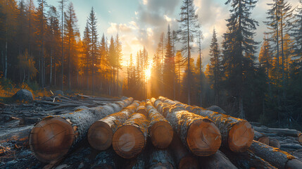 a pile and stack of wooden logs timber in a forest. - obrazy, fototapety, plakaty