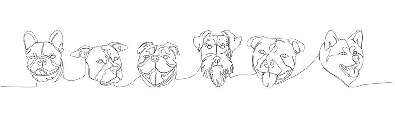 Set of dogs of different breeds, guard dog, service dog, companion dog one line art. Continuous line drawing of friend, dog, doggy, friendship, care, pet, animal, family, canine.