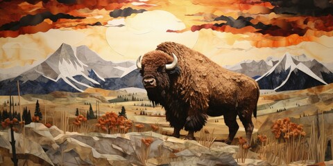 A dynamic torn paper collage portraying majestic bison in its natural habitat