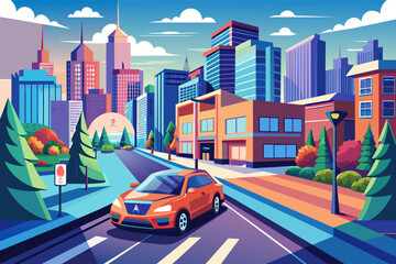 A self-driving car navigating through urban streets illustration