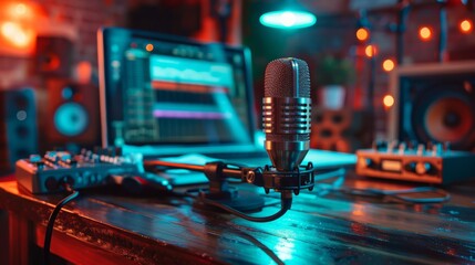 A microphone sitting on top of a wooden table next to an electronic device, AI - obrazy, fototapety, plakaty