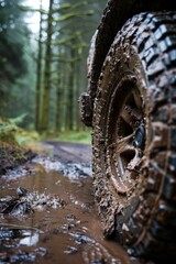 Close-up of muddy off-road car wheels in the forest