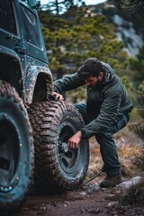 A man fixing the flat tire of his off-road car in the forest
