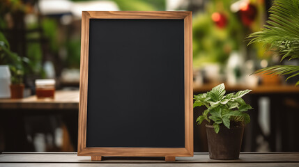 Seedling potted plant beside chalkboard menu mockup photography. Garden marketing. Rustic signboard template advertising. Small business promotional concept mock up photorealistic image