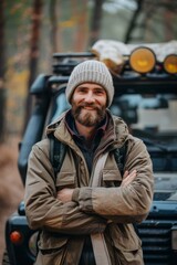 Portrait of a smiling bearded man next to his off-road car in the mountains