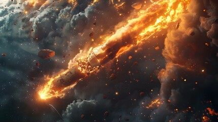 Cosmic Blaze: Satellite's Fiery Demise Amongst the Stars. Concept Space Exploration, Satellite Technology, Astronomical Events, Fiery Demise, Cosmic Phenomena - obrazy, fototapety, plakaty