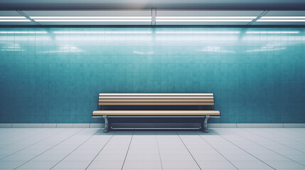 Wooden bench against calming turquoise tiled wall mockup photography. Clean subway platform template advertising inside. Commercial business promotional concept mock up photorealistic
