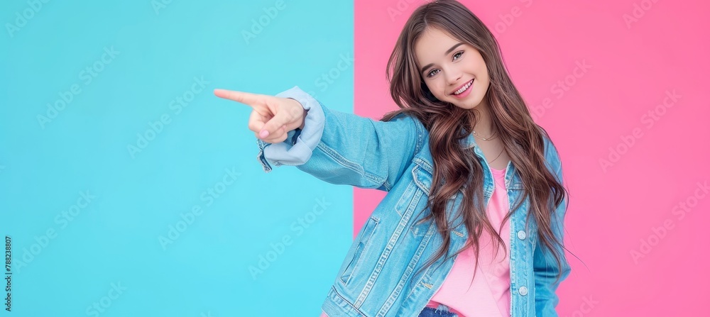 Poster enthusiastic girl pointing on soft colored background with plenty of space for text placement