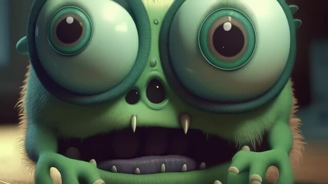 Funny green monster with big eyes, zoom monster. Children's nightmare horror animation illustration