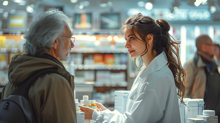 pharmacist at the drugstore wearing a white gown talking, giving advice, explaining, suggesting, and recommending to clients or patients about the prescription and medications. - obrazy, fototapety, plakaty