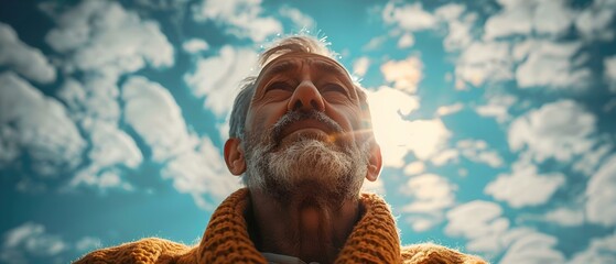 Senior Man Clutching Chest in Discomfort Against Blue Sky. Concept Medical Emergency, Heart Attack, Senior Health, Outdoor Photography, Emergency Response - obrazy, fototapety, plakaty
