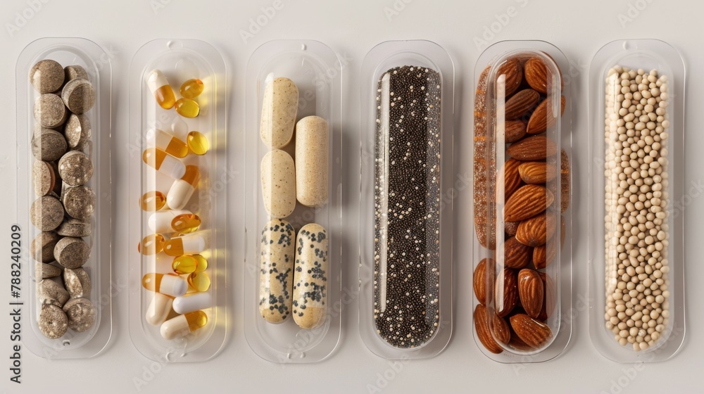 Poster a row of containers with different types and sizes of pills and nuts, ai