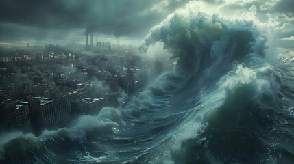Tsunami of Turmoil: The Economic Storm Looms. Concept Economic Outlook, Market Trends, Financial Stability, Job Market Analysis, Investment Opportunities - obrazy, fototapety, plakaty