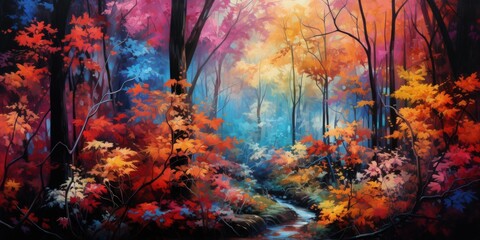 A dense forest enveloped in an acid wash of vivid colors, foliage appearing as if painted with fluorescent hues