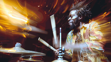 Drummer playing music on stgae, Motion blurred image