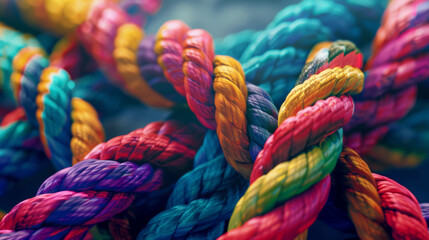 Knot, color and connection of rope with bundle, support and texture for diversity, safe or strong network. String, thread or yarn on wallpaper with abstract textile, creative lines or rainbow synergy - obrazy, fototapety, plakaty