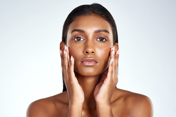 Studio, beauty and portrait of Indian woman with skincare, self care or dermatology in mockup...