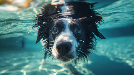 Underwater photography of family dog playing in the pool in the summer sunny day. Purebred border...
