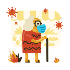 Old woman grocery shopping during coronavirus pandemic