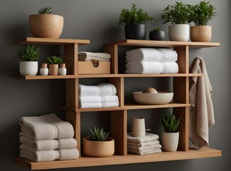 Organized wooden shelves with towels, plants, and various neatly arranged storage containers in a minimalist style.
