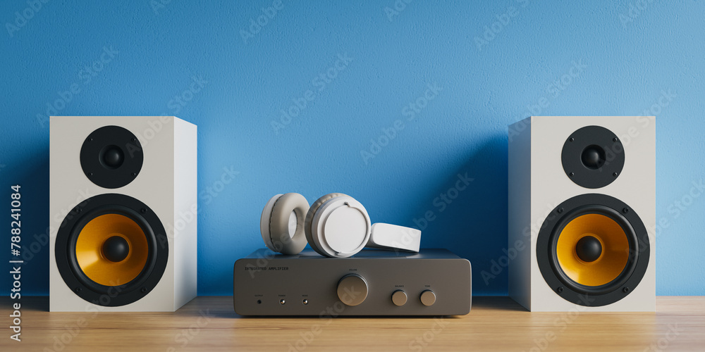 Poster bookshelf audio speaker concept background for listening to music. 3d rendering