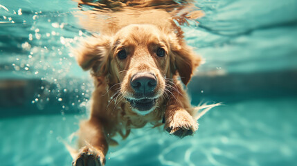 Underwater photography of family dog playing in the pool in the summer sunny day. Purebred golden retriever jumping and swimming in garden swimmingpool. 