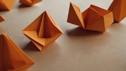 Geometric shapes made orange paper, abstract background.