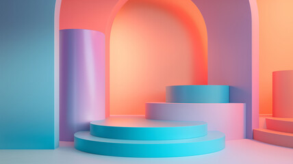 Fototapeta premium Ombre style podium concept ,Composition of bright colorful , Summer Podium Display, Step Geometry Shape, For Presentation Products, Abstract Background 3d Rendering 
